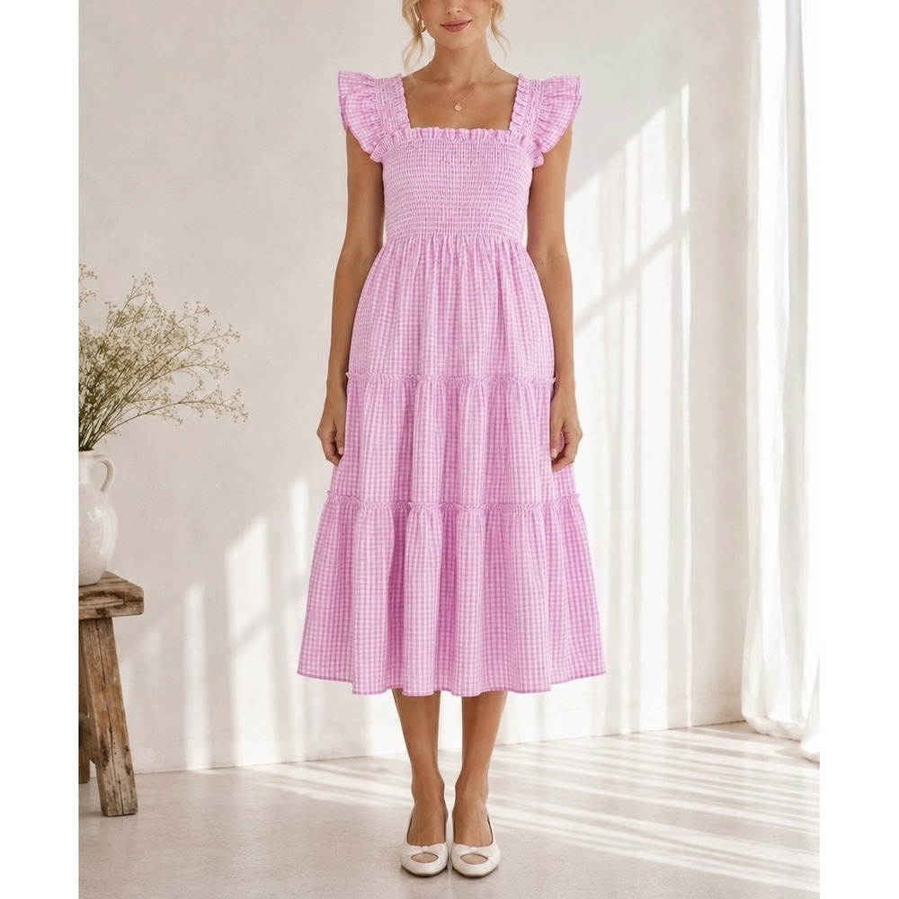 HILL HOUSE Ellie Nap Ruffle Trad Wife Midi Dress in Pink Gingham
